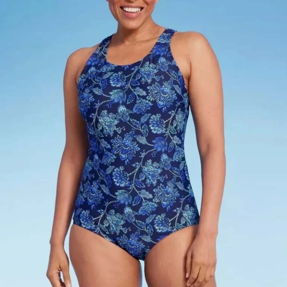 Lands' End Floral One Piece Swimsuit Women's Size M 10-12 Blue UPF 50 Paisley